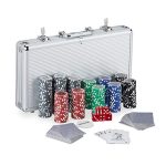 Relaxdays 10031551 Pokerkoffer, 300 Laser Pokerchips, 2 Kartendecks, 5 Würfel, Dealer Button, verschließbar, Aluminium, silber  