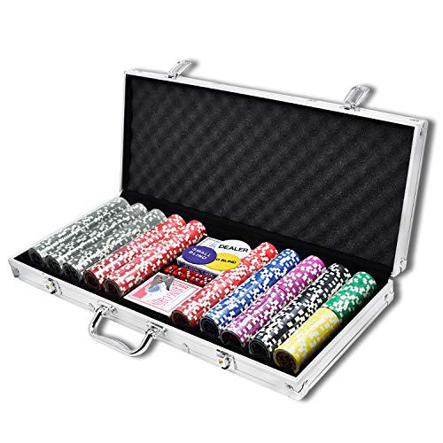 Froadp Pokersets mit Alu Pokerkoffer, Profi Kartenspiele Zubehör Poker Set inkl. 500x Hochwertigen Laser Pokerchips, 2X Pokerdecks, 5X Würfeln, 3X Dealer Button, 2X Schlüssel (Silber)  