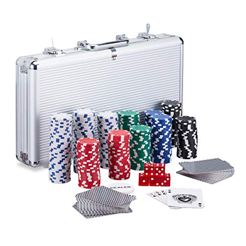 Relaxdays Pokerkoffer, 300 Laser Pokerchips, 2 Kartendecks, 5 Würfel, Dealer Button, Aluminiumkoffer abschließbar, silber  