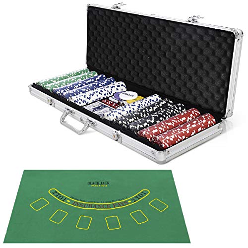 COSTWAY Pokerset mit 500 Laser-Chips | Pokerkoffer Alu | Pokerchips | Poker Komplett Set | Pokerkoffer mit Tuch /2 Pokerdecks  