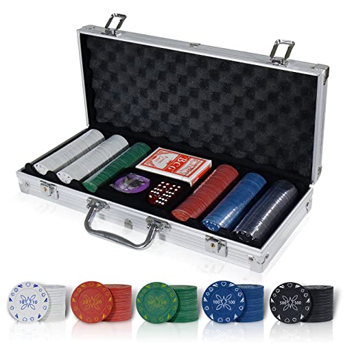 BROILISSIMO 300/500 PCS Pokerkoffer aus Aluminium Pokerset Profi ,mit Gedruckte Chips, Pokerdecks , Dealer Button und 5 Würfel  