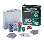 Relaxdays Pokerkoffer, 100 Pokerchips ohne Wert, 2 Kartendecks, 5 Würfel, Dealer-Button, Pokerset, abschließbar, Silber  